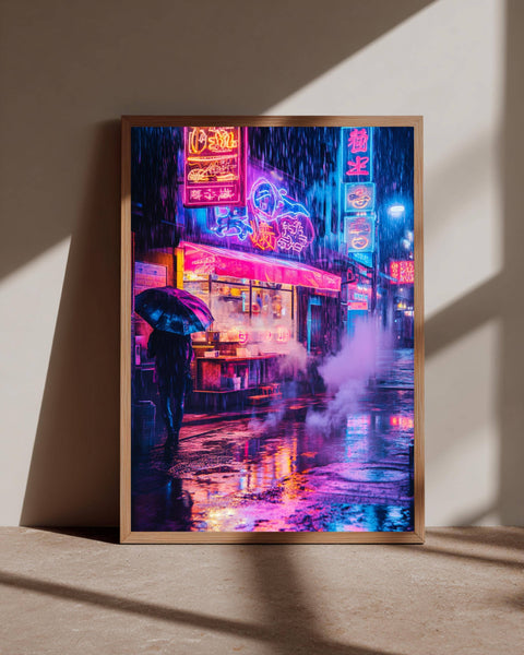 Tokyo Neon Wall Art, Cyberpunk Ramen Shop Print, Rainy Night Synthwave, Framed Unframed or Digital
