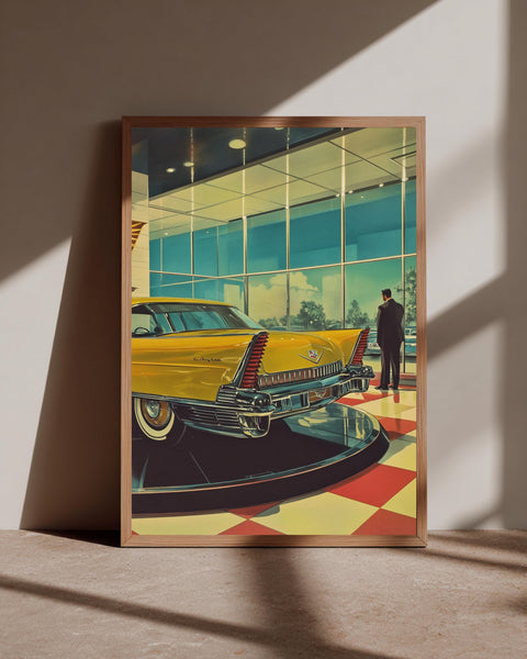 Retro Car Showroom Art, Mid Century Cadillac Poster, Vintage Decor, Framed Unframed or Digital