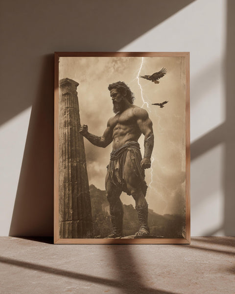 Zeus Greek God Poster, Mount Olympus Mythology Wall Art, Vintage Sepia Gloss Print, Lightning Bolt & Eagle Decor, Ancient Greece Art