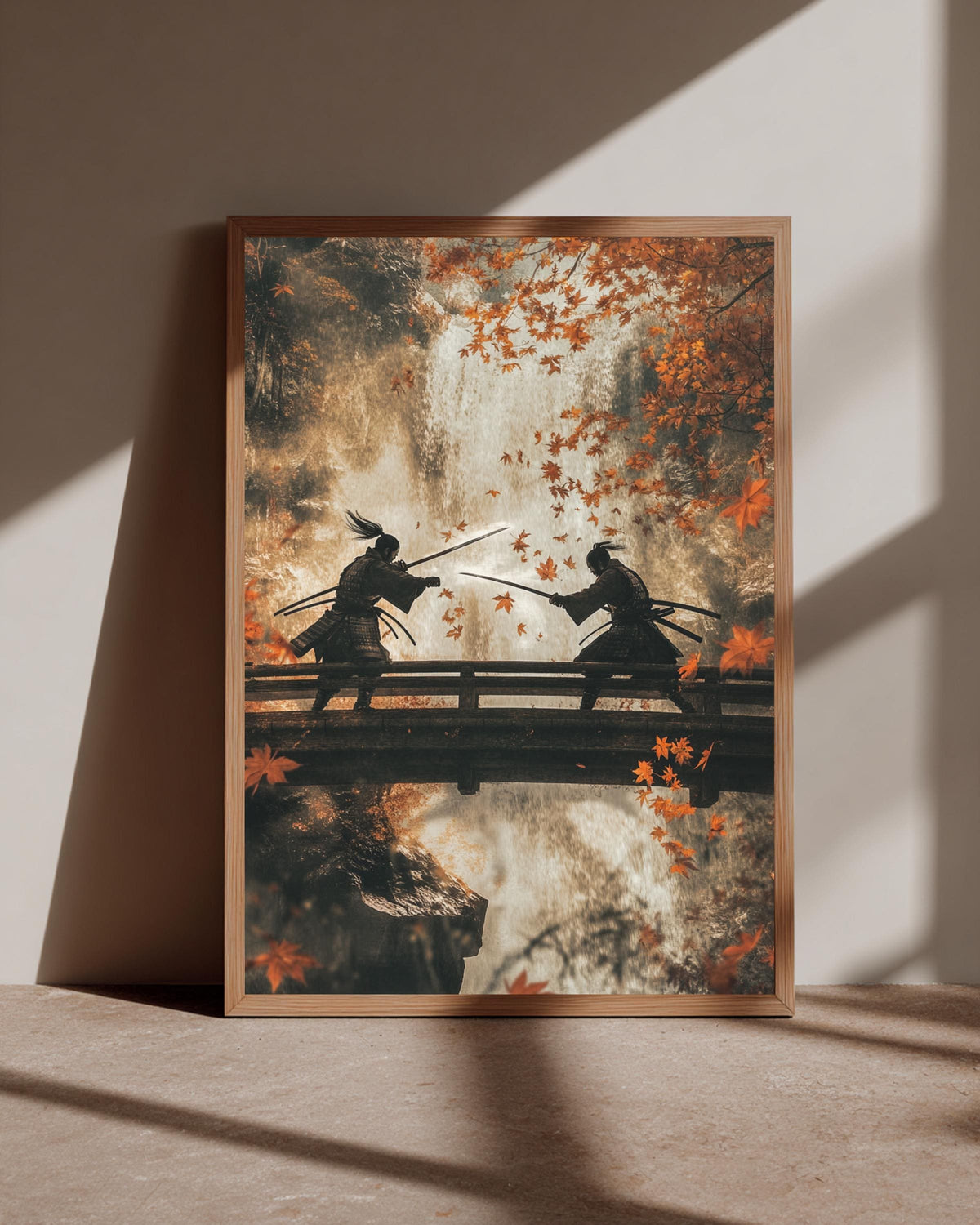 Samurai Duel on Bridge Poster - Japanese Waterfall Wall Art - Katana Fight Autumn Leaves Gloss Print - Zen Bushido Martial Arts Decor