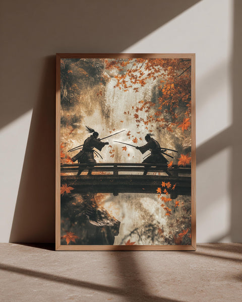 Samurai Duel on Bridge Poster - Japanese Waterfall Wall Art - Katana Fight Autumn Leaves Gloss Print - Zen Bushido Martial Arts Decor