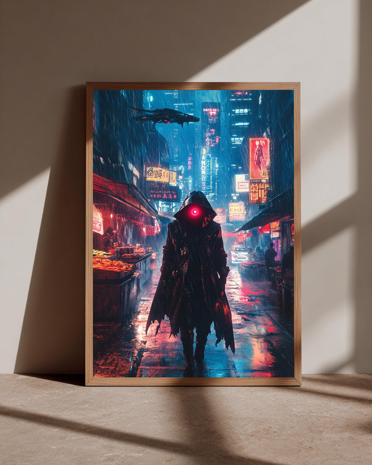 Cyberpunk Bounty Hunter Poster, Retro Anime Rainy City Wall Art, Futuristic Neon Street Gloss Print, Sci-Fi Mysterious Character Decor