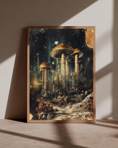 Cosmic Mushroom Art, Vintage Celestial Shroom Print, Dark Fantasy, Framed Unframed or Digital