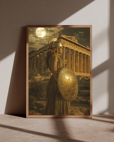 Athena Greek Goddess Poster - Parthenon Ancient Greece Wall Art - Mythology Wisdom Warrior Gloss Print - Golden Temple Night Decor