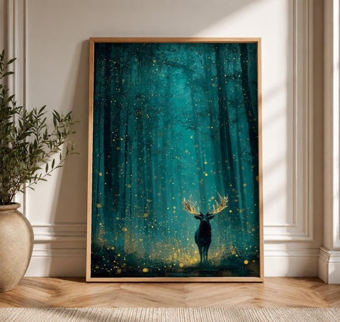 Firefly Forest Art, Enchanted Stag Print, Mystical Woodland Decor, Framed Unframed or Digital