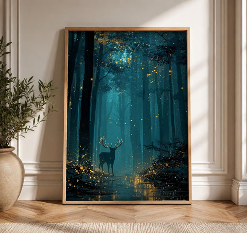 Firefly Forest Art, Enchanted Stag Print, Mystical Woodland Decor, Framed Unframed or Digital