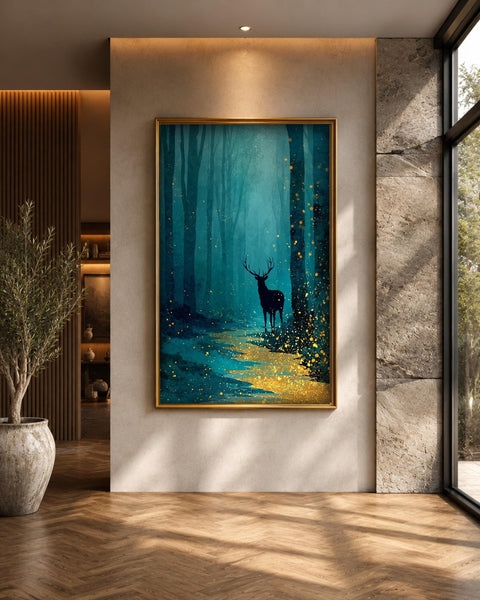 Firefly Forest Art, Enchanted Stag Print, Woodland Wall Decor, Framed Unframed or Digital