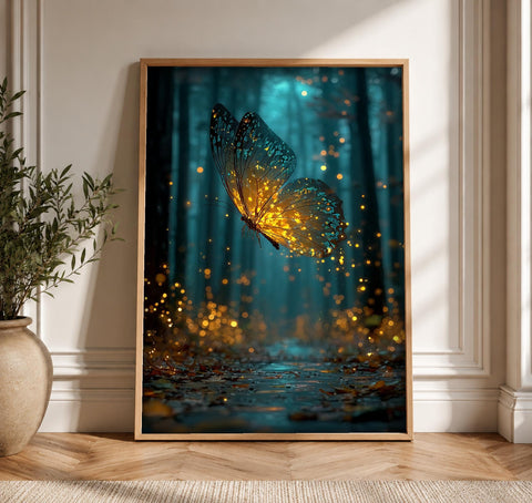 Enchanted Forest Art, Glowing Butterfly Print, Firefly Woodland Decor, Framed Unframed or Digital