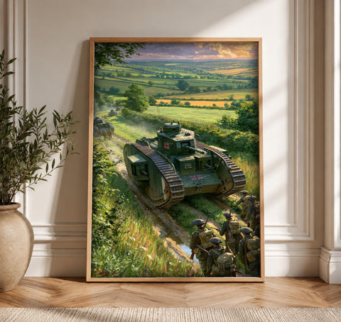 WWII Poster, British Tank Infantry Advance, World War 2 Art, Framed Unframed or Digital