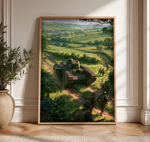 WWII Poster, British Tank Advance, Infantry Wall Art, Framed Unframed or Digital