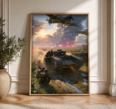 WWII Battle Art, British Tank Infantry Print, Aviation Wall Decor, Framed Unframed or Digital