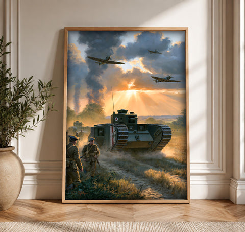 WWII Poster, Churchill Tank Spitfire Print, Man Cave Decor, Framed Unframed or Digital