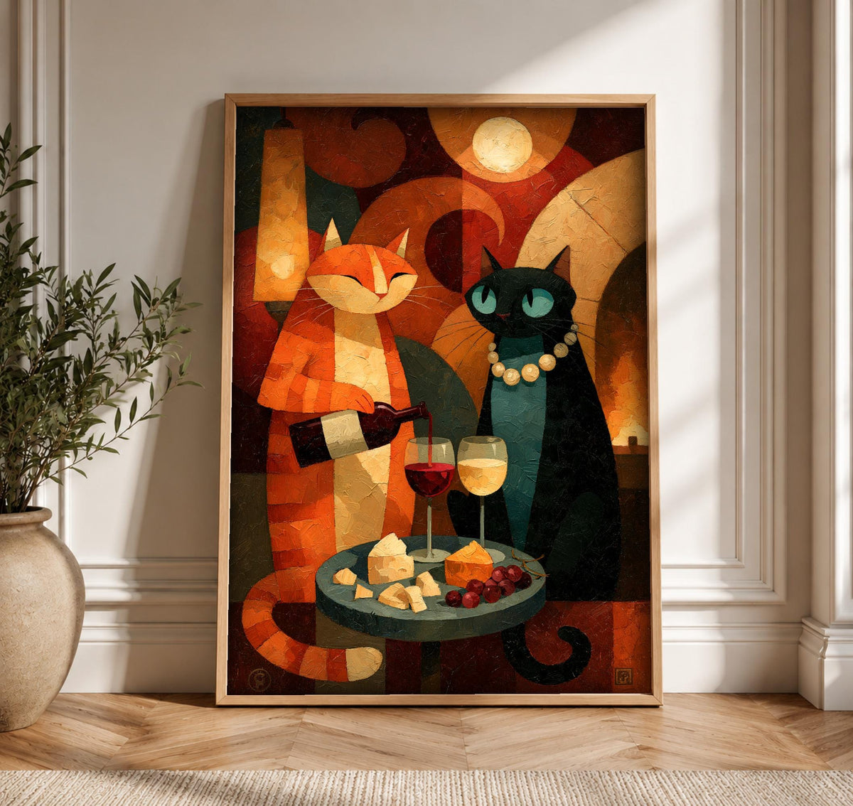 black cat wall art, Enchanted Feline Wine Night, Framed Unframed or Digital