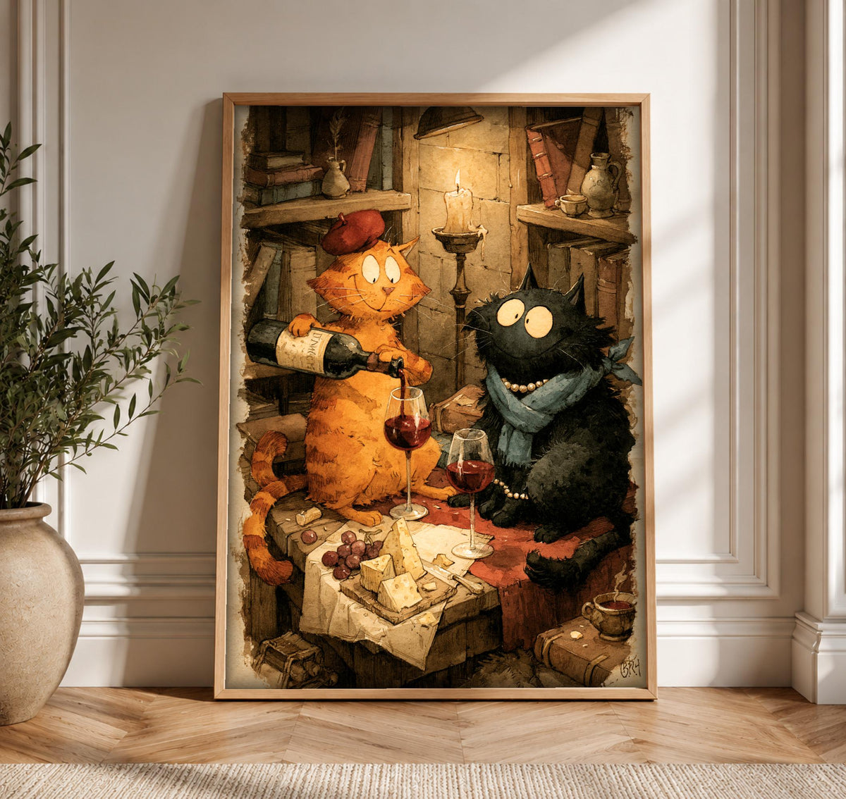 Black cat wall art, Enchanted Cellar Cats Wine, Framed Unframed or Digital