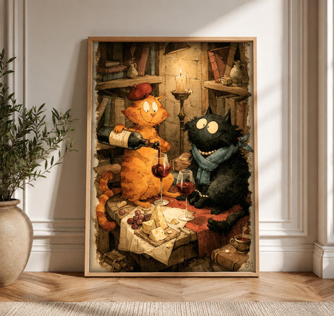 Black cat wall art, Enchanted Cellar Cats Wine, Framed Unframed or Digital