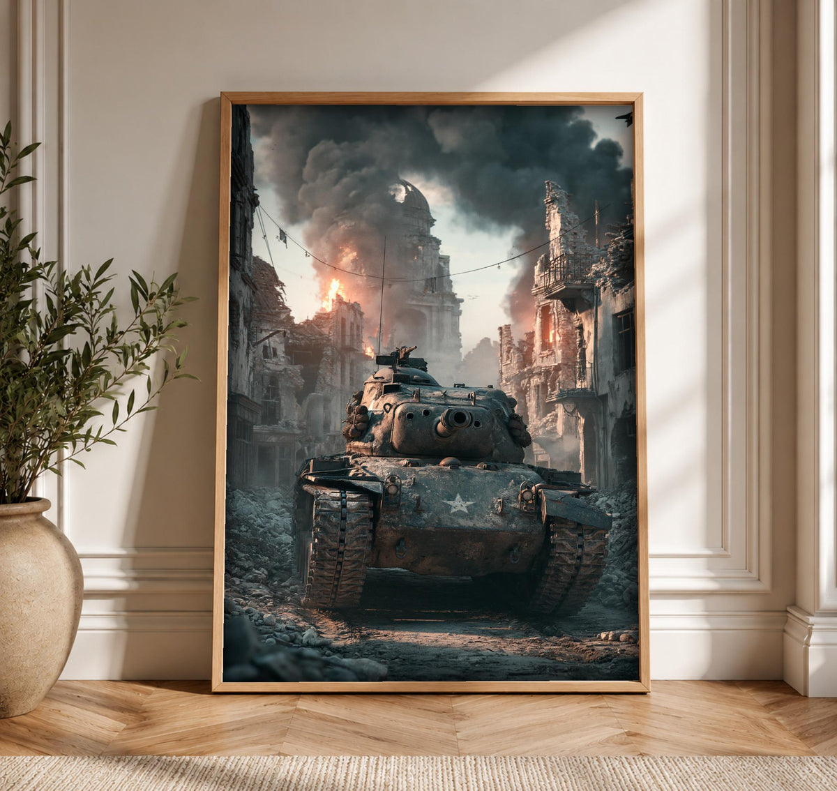 WWII Poster, Sherman Tank Urban Combat, Man Cave Decor, Framed Unframed or Digital