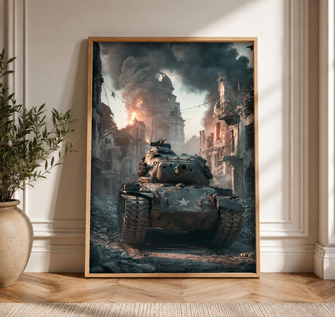 WWII Poster, Sherman Tank Urban Combat, Man Cave Decor, Framed Unframed or Digital