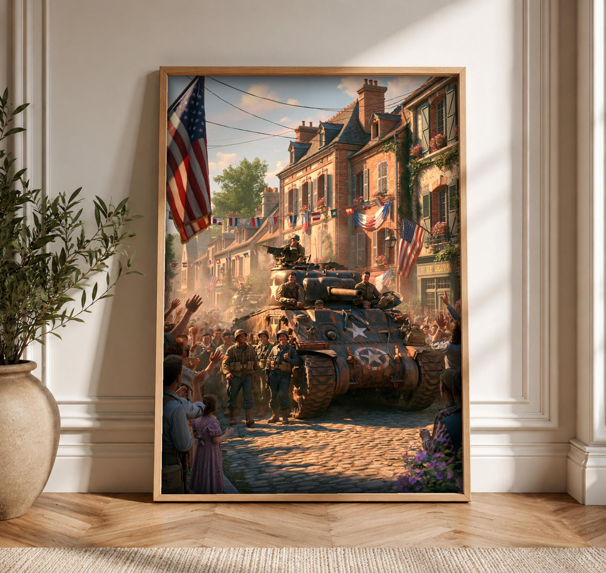 WWII Liberation Art, American Tank Victory Parade, Patriotic Wall Print, Framed Unframed or Digital
