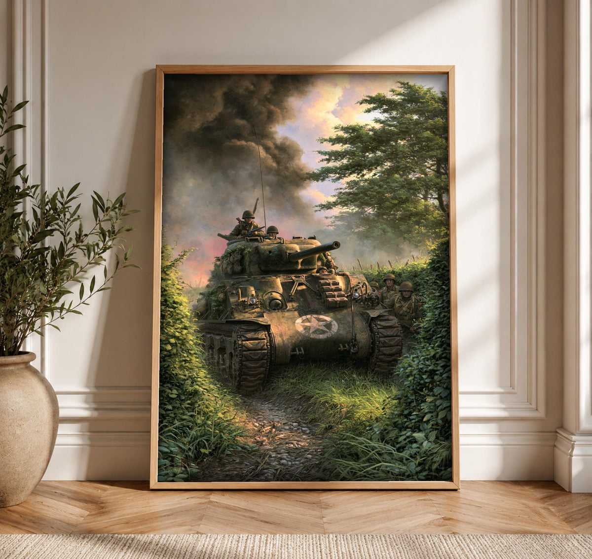 WWII Poster, Sherman Tank Print, American Infantry Art, Framed Unframed or Digital