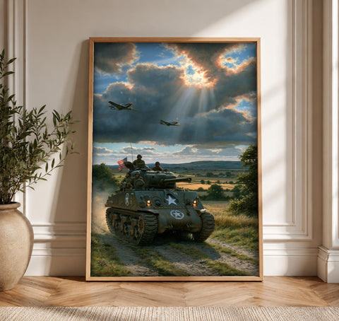 WWII Poster, Sherman Tank Print, American Army Wall Art, Framed Unframed or Digital