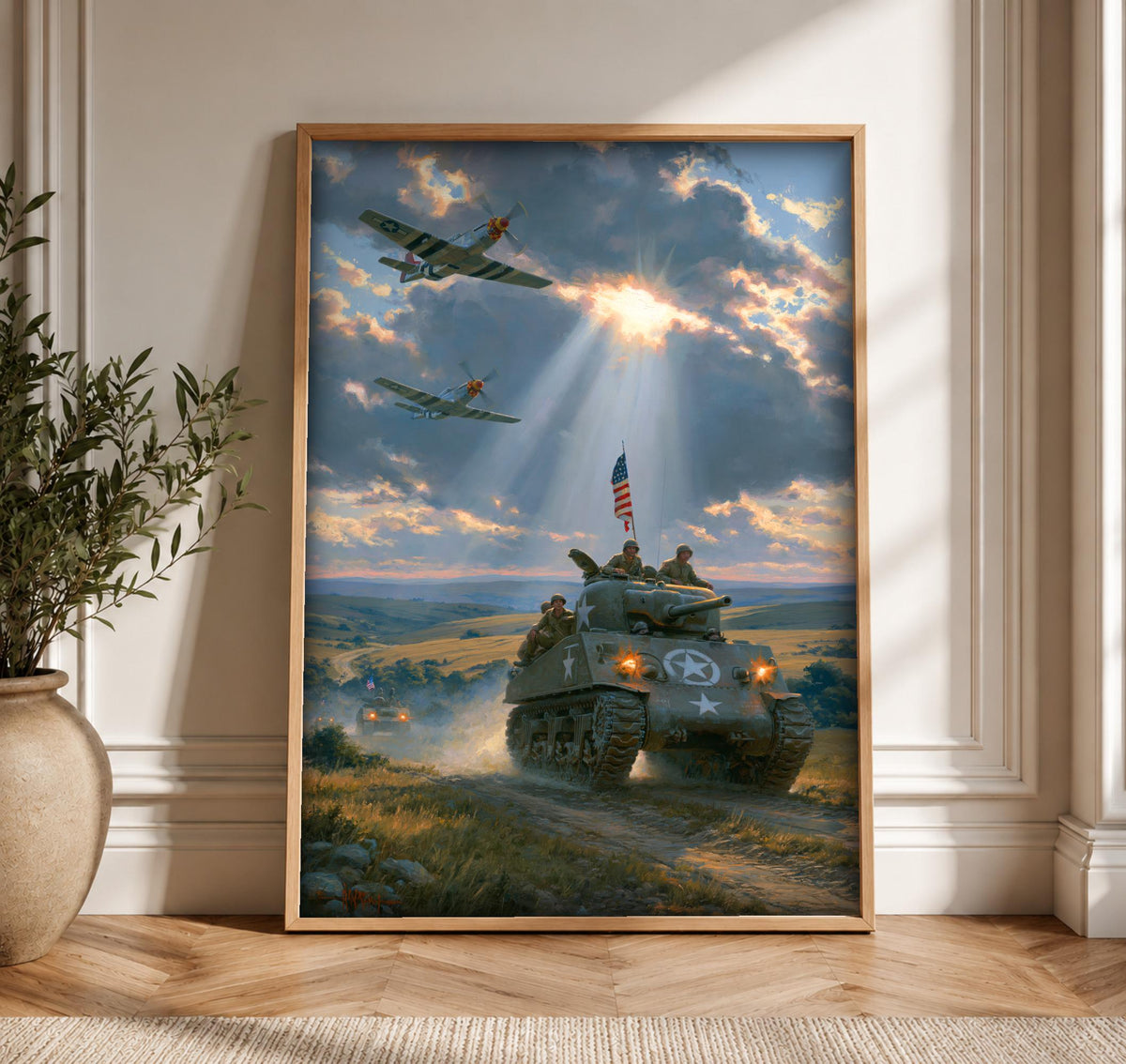 WWII Poster, Sherman Tank American Flag, Man Cave Decor, Framed Unframed or Digital