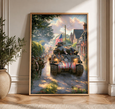 WWII Wall Art, American Sherman Tank Print, Patriotic Decor, Framed Unframed or Digital