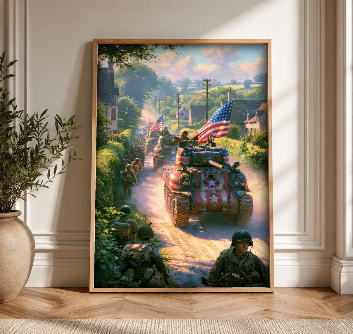 WWII Poster, Sherman Tank Normandy 1944, Patriotic Wall Art, Framed Unframed or Digital