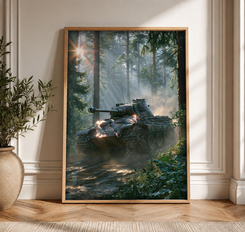 WWII Poster, Panther Tank Forest Print, Man Cave Decor, Framed Unframed or Digital