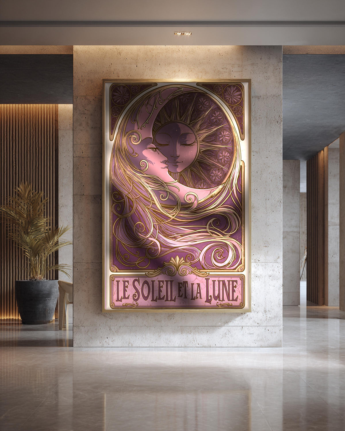 Celestial Wall Art, Sun Moon Nouveau Poster, Framed Unframed or Digital