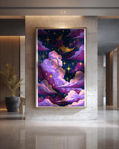 Celestial Night Sky Art, Mystical Cloud Star Print, Framed Unframed or Digital
