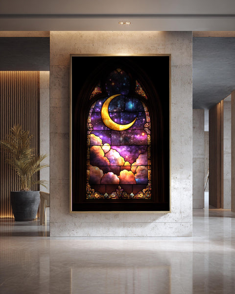 Celestial Moon Art, Stained Glass Night Sky Print, Framed Unframed or Digital