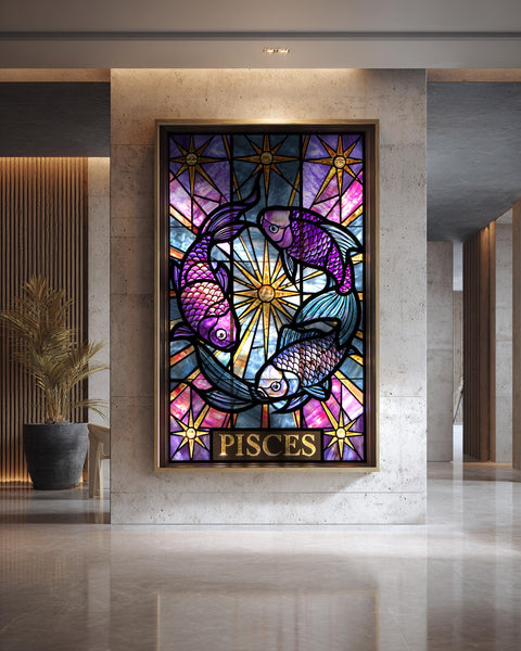 Pisces Zodiac Art, Stained Glass Fish Print, Framed Unframed or Digital