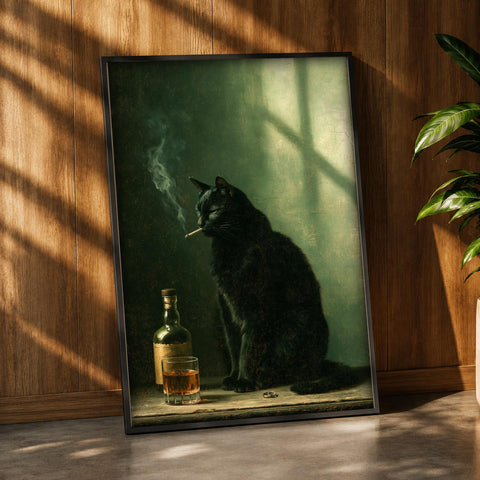 Dark Cat Wall Art, Whiskey Moody Feline Print, Framed Unframed or Digital