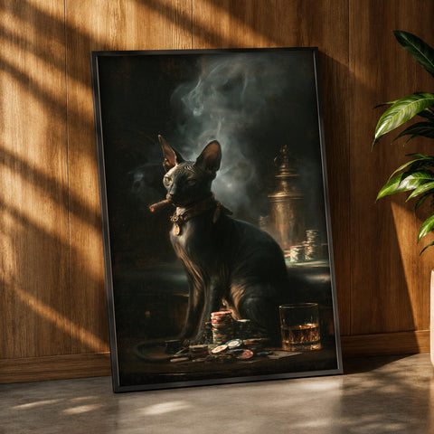 Gothic Cat Wall Art, Sphynx Noir Poker Print, Framed Unframed or Digital