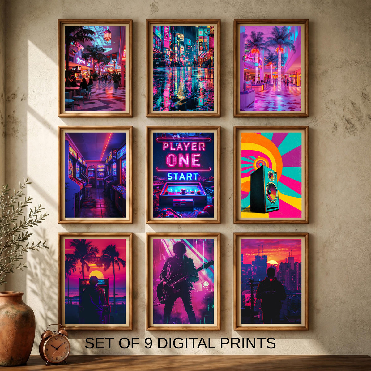 Retro Wall Art, Synthwave Neon Arcade Bundle, 80s Print, Framed Unframed or Digital