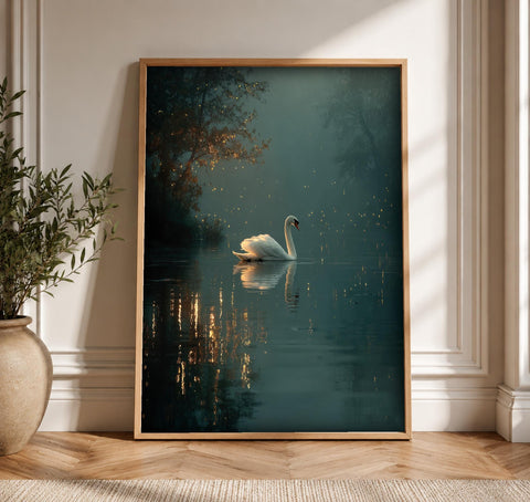Enchanted Forest Art, Swan Lake Print, Mystical Woodland Decor, Framed Unframed or Digital