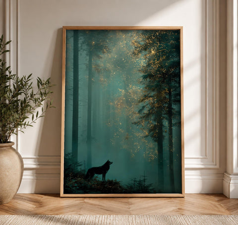 Magical Forest Art, Lone Wolf Silhouette Print, Firefly Woodland, Framed Unframed or Digital
