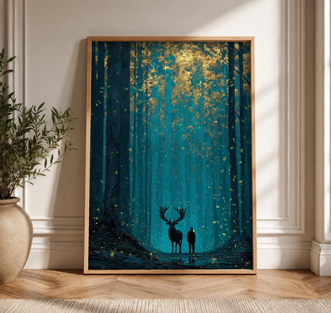 Enchanted Forest Art, Mystical Stag Figure, Woodland Decor, Framed Unframed or Digital