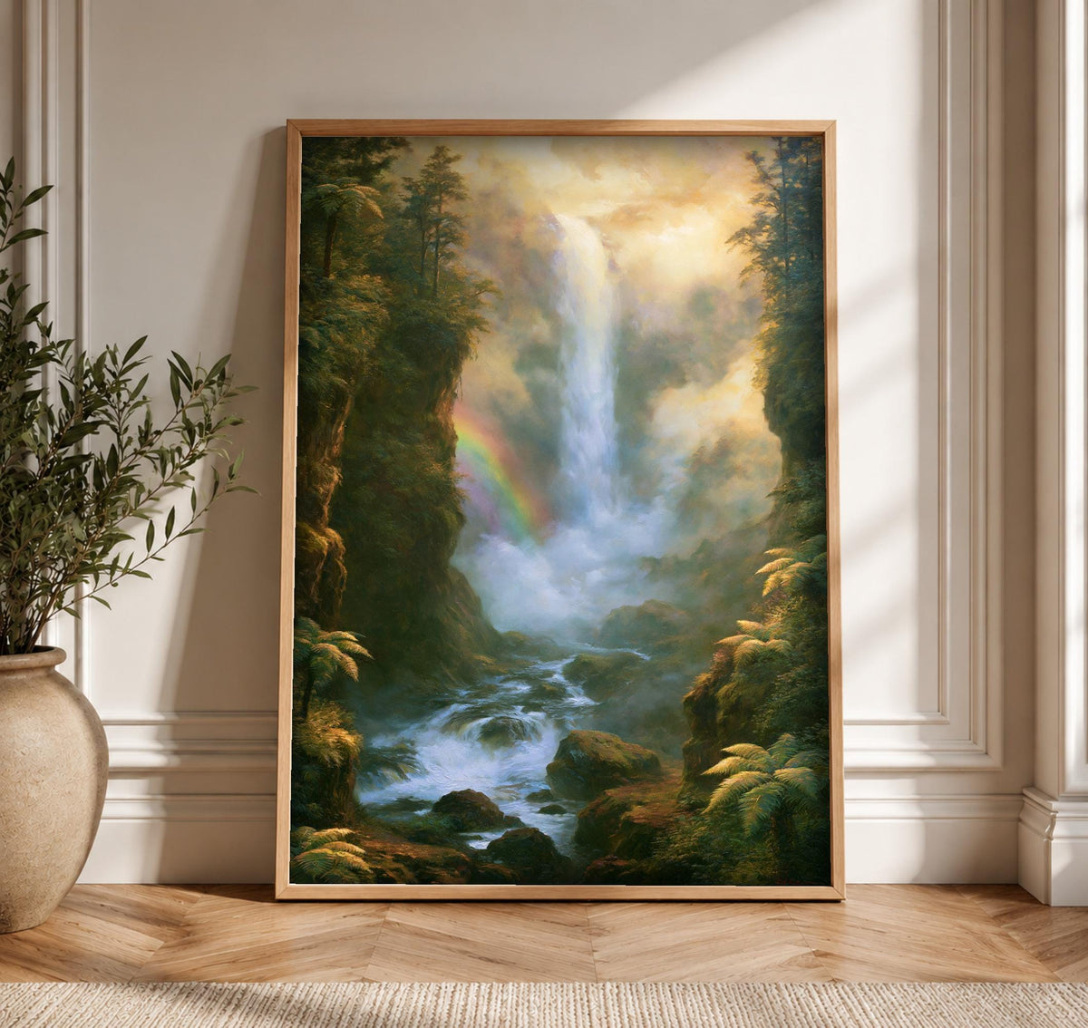 Enchanted Forest Art, Rainbow Waterfall Landscape, Woodland Decor, Framed Unframed or Digital