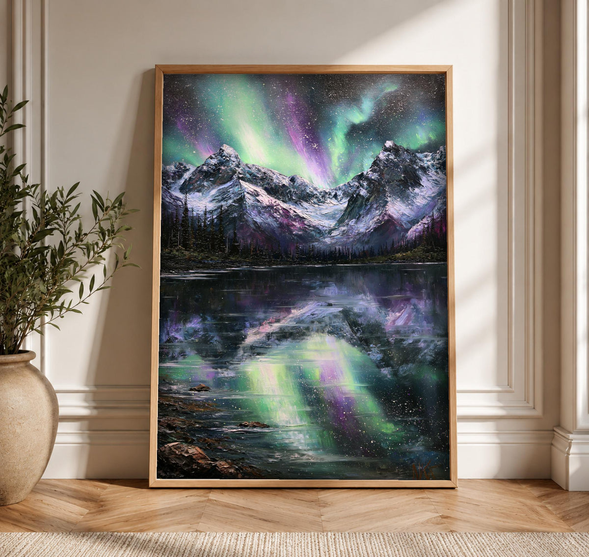 Northern Lights Art, Aurora Borealis Mountain Print, Framed Unframed or Digital