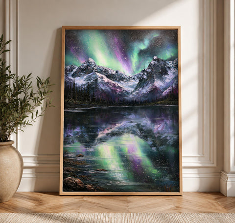 Northern Lights Art, Aurora Borealis Mountain Print, Framed Unframed or Digital