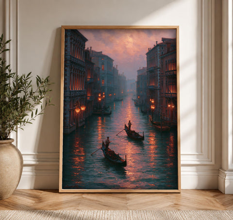 Venice Canal Art, Gondola Twilight Scene, Nautical Wall Decor, Framed Unframed or Digital