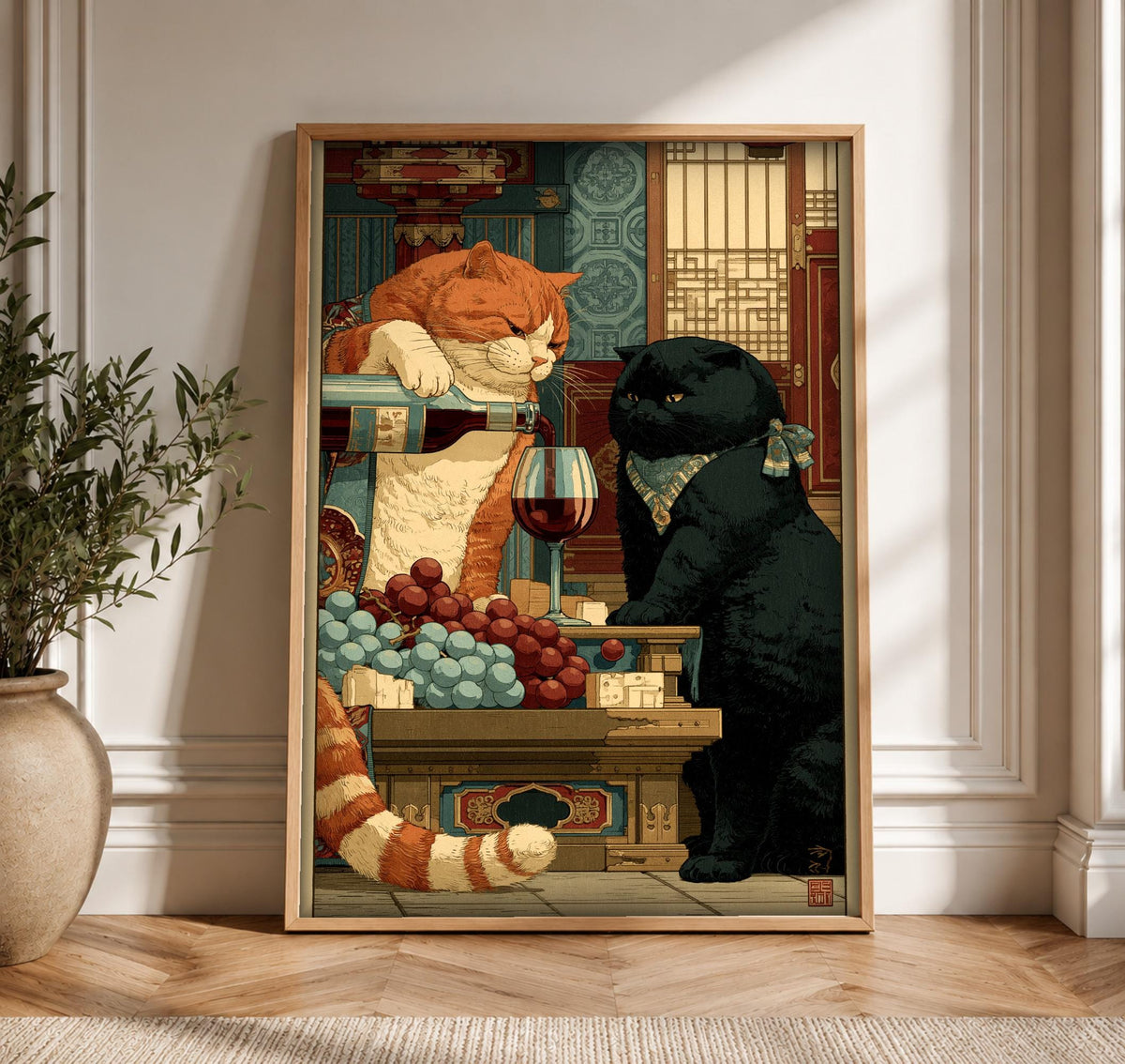 Black Cat Wall Art, Oriental Banquet Scene, Funny Poster, Framed Unframed or Digital