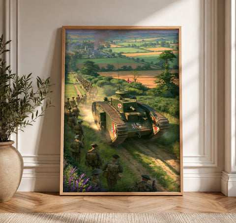 WWI Tank Print, British Infantry Advance, Man Cave Decor, Framed Unframed or Digital