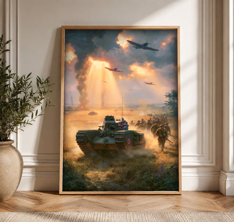 WWII Poster, British Tank Spitfire Battle, Man Cave Decor, Framed Unframed or Digital