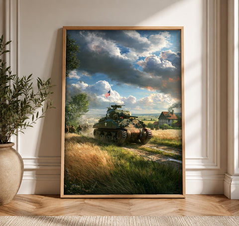 WWII Poster, Sherman Tank Print, American Liberation, Framed Unframed or Digital