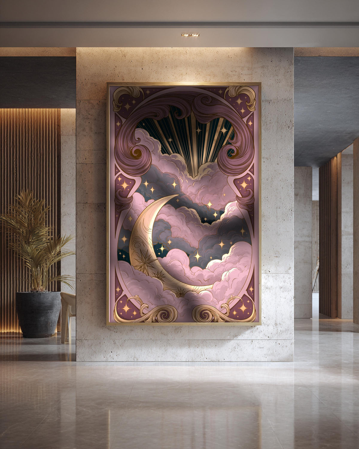 Celestial Moon Art, Crescent Night Sky Print, Stars Clouds, Framed Unframed or Digital