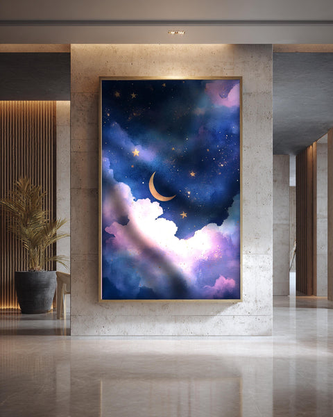 Celestial Night Sky Art, Crescent Moon Stars Print, Framed Unframed or Digital