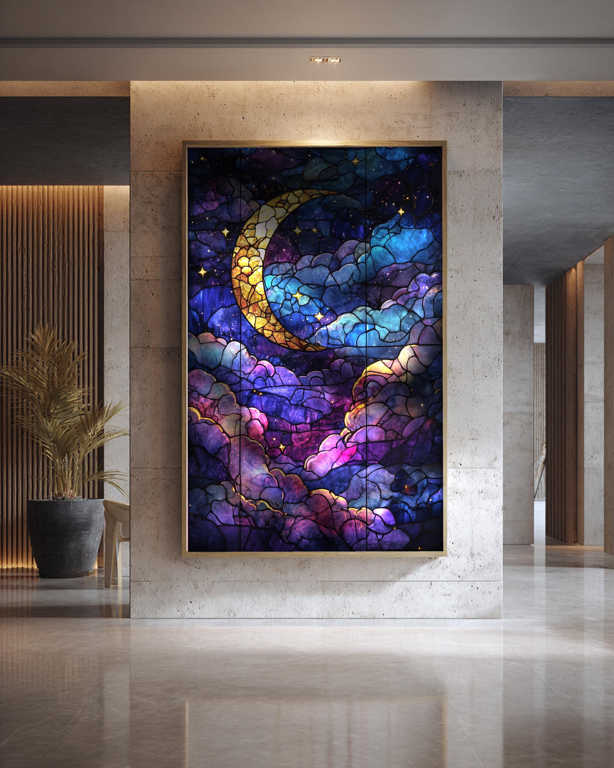 Moon Stained Glass, Night Sky Crescent Print, Framed Unframed or Digital