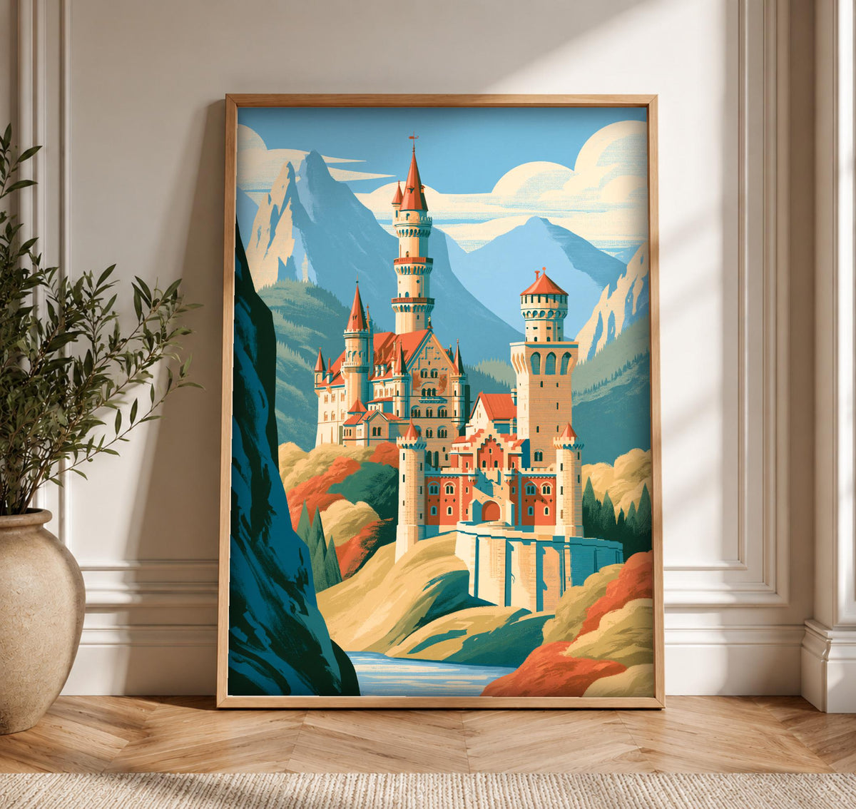 Neuschwanstein Art, Bavaria Castle Print, Retro Travel Poster, Framed Unframed or Digital